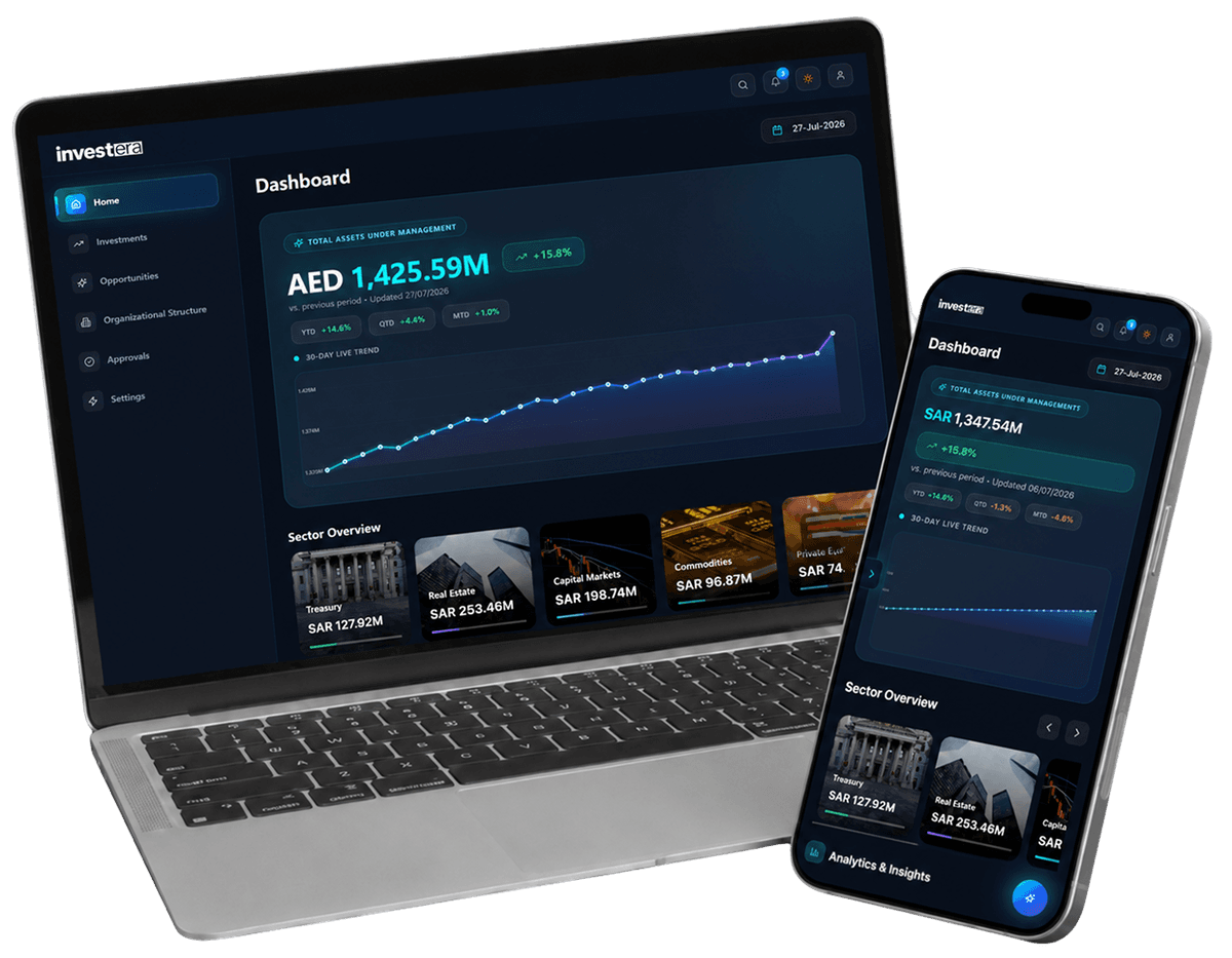 Laptop and mobile showing Investera investment dashboard and AI assistant
