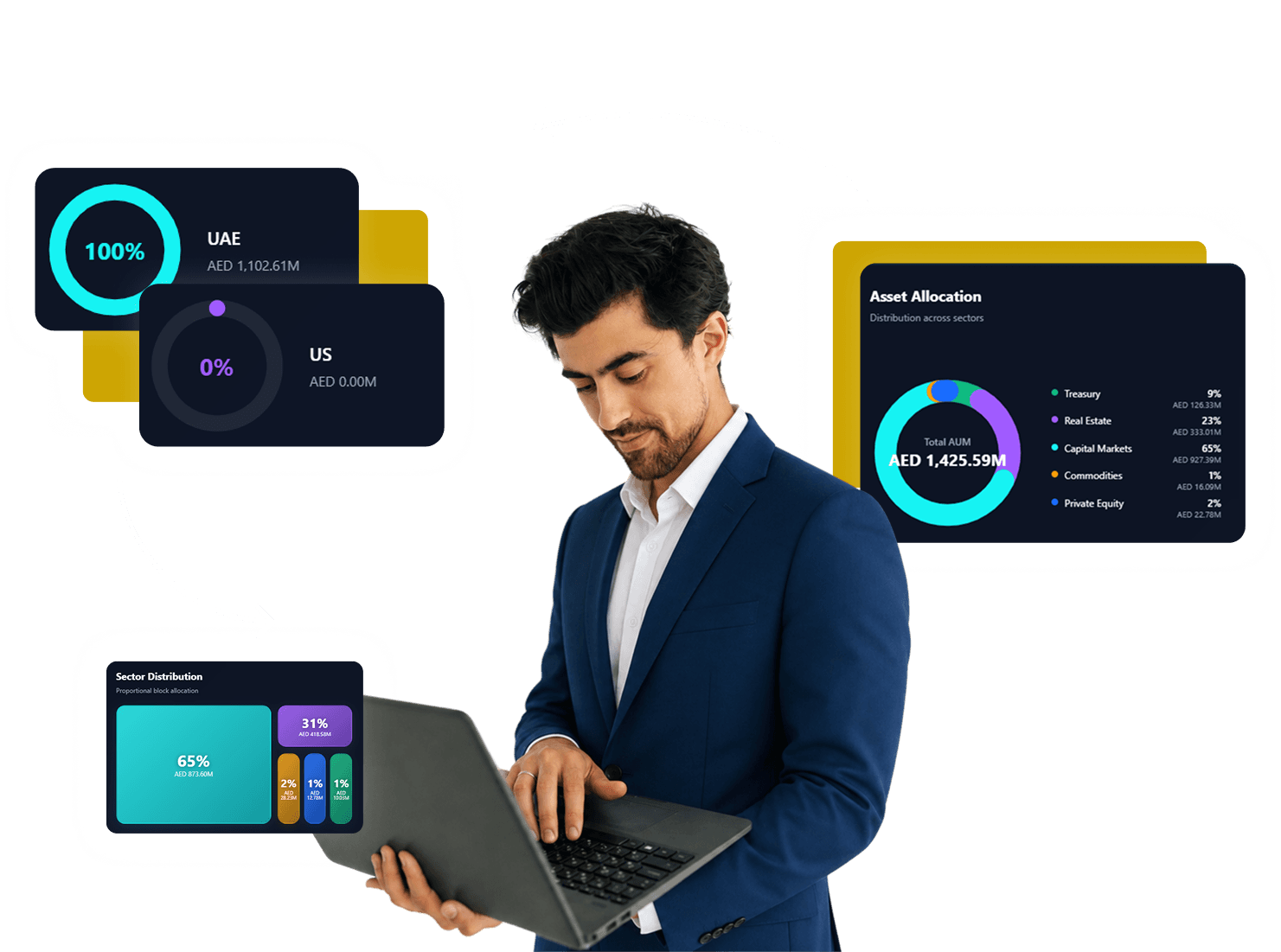 Investment professional reviewing portfolios with floating analytics