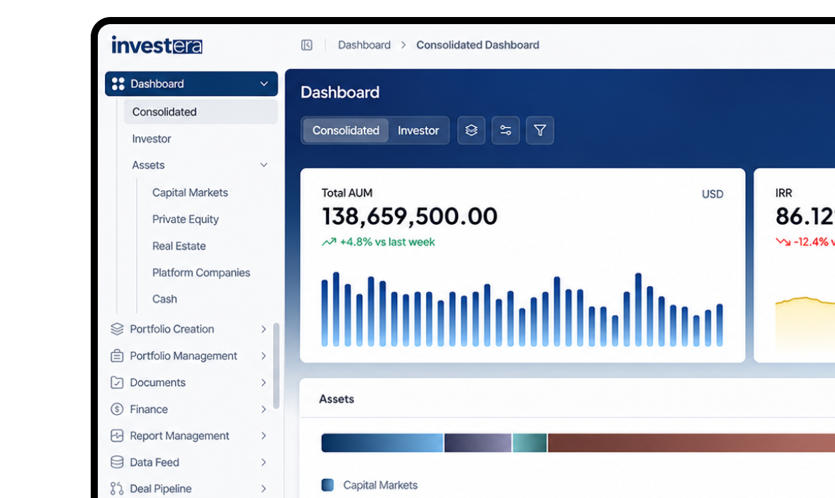 Portfolio and deal management interface with investment dashboards
