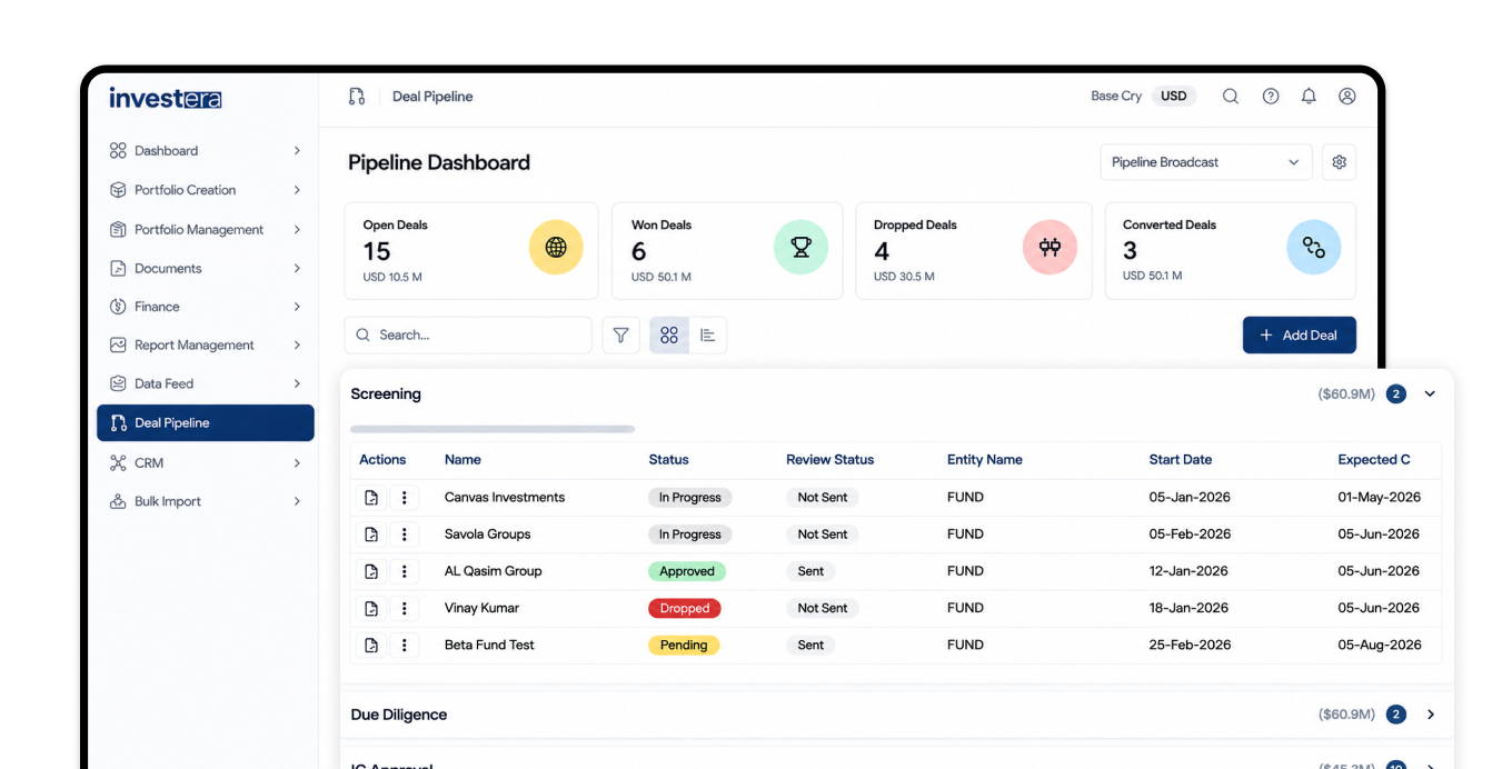 Investera Pro pipeline dashboard showing deal tracking and portfolio management