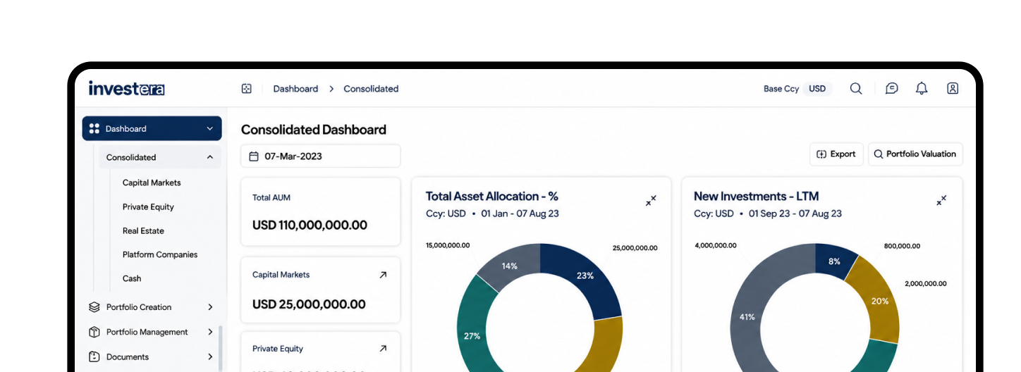 Consolidated dashboard with asset allocation charts and investment metrics